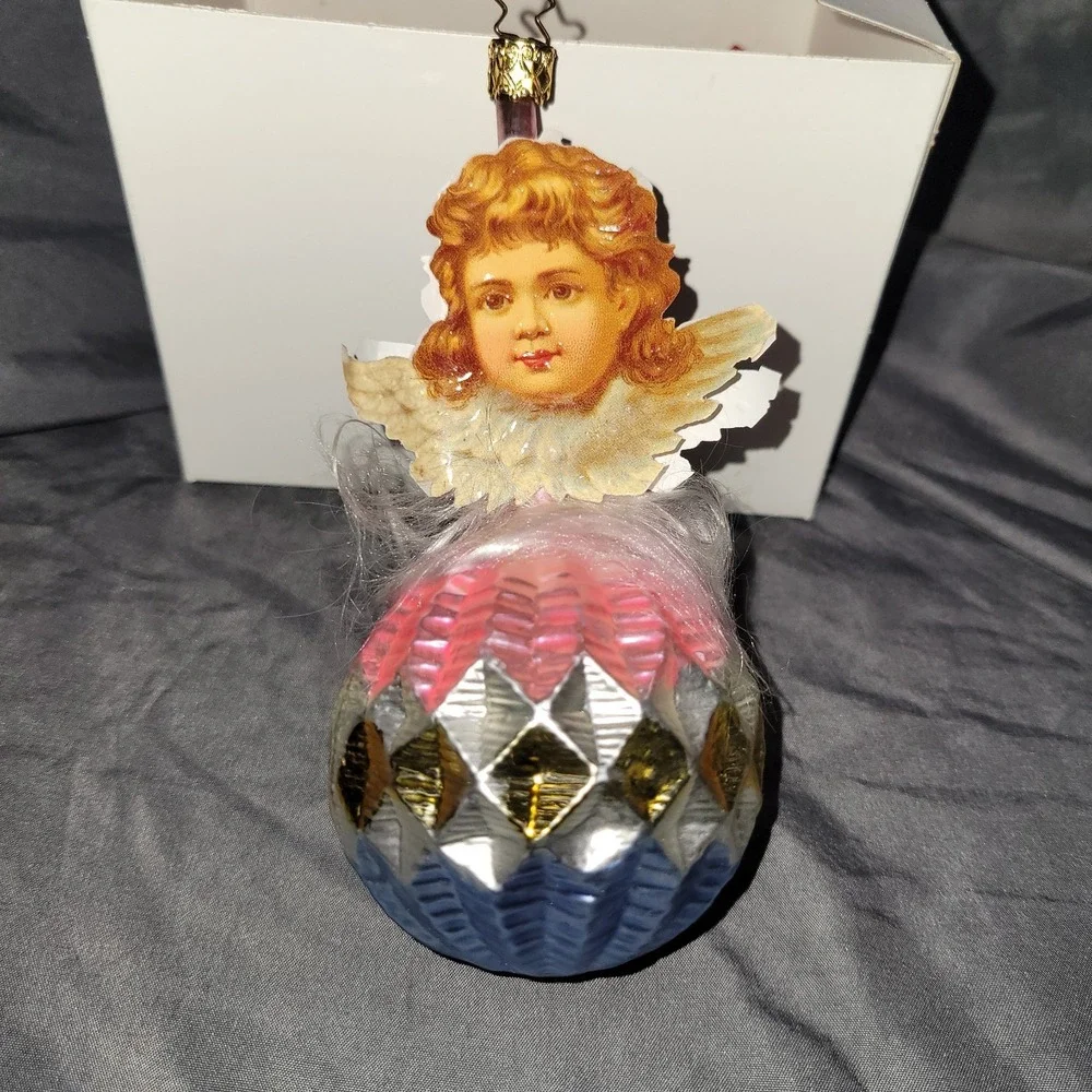 VTG Inge Glas Cherub Above Ball With Tinsel Wire Old World Holiday Ornament RARE